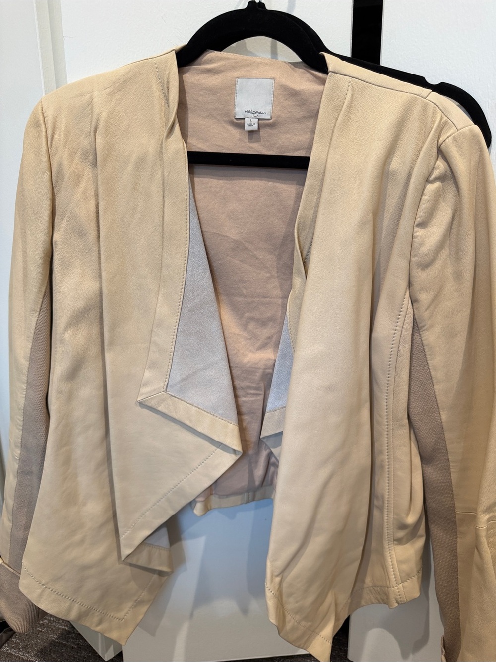 Halogen Beige Open-Front Leather Blazer